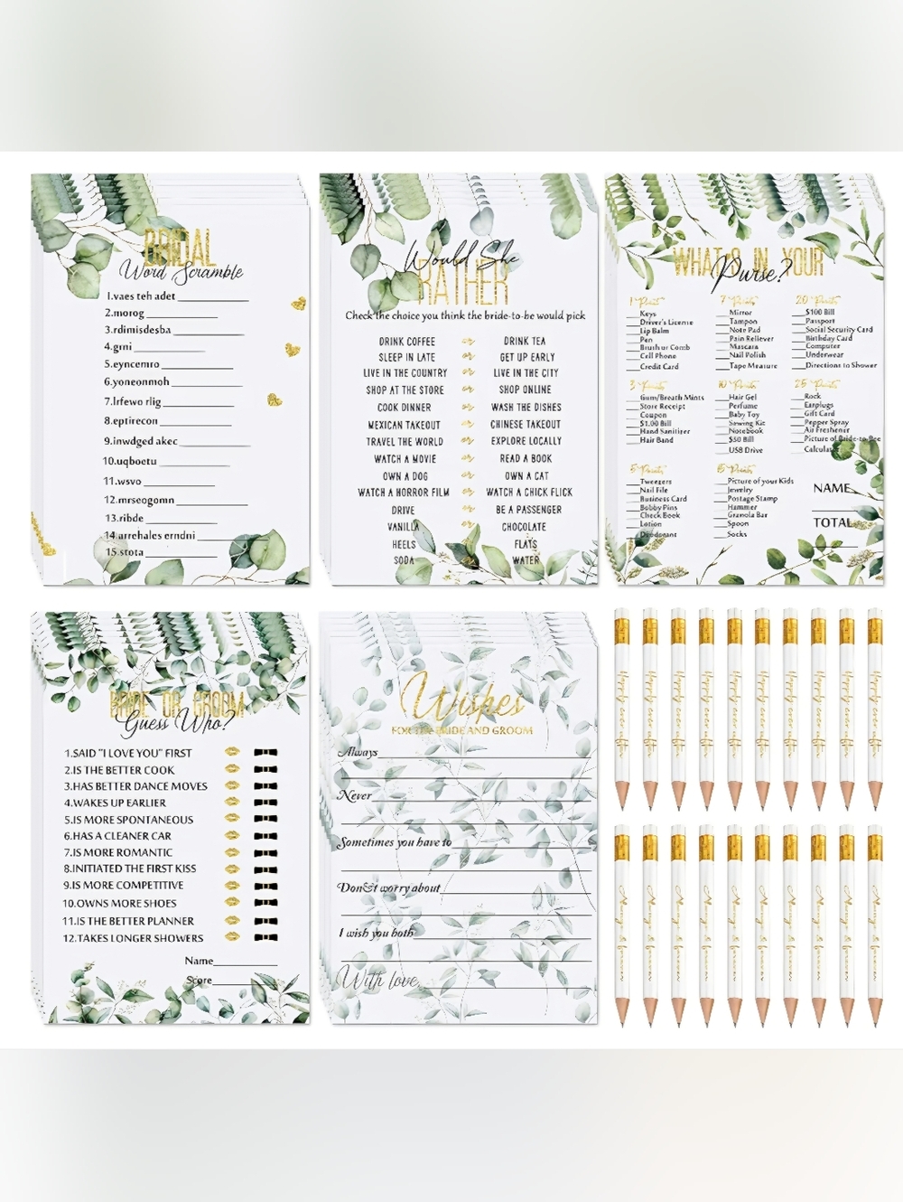 Gold Diamond Ring Pens & Eucalyptus Bridal Shower/Wedding Game Set